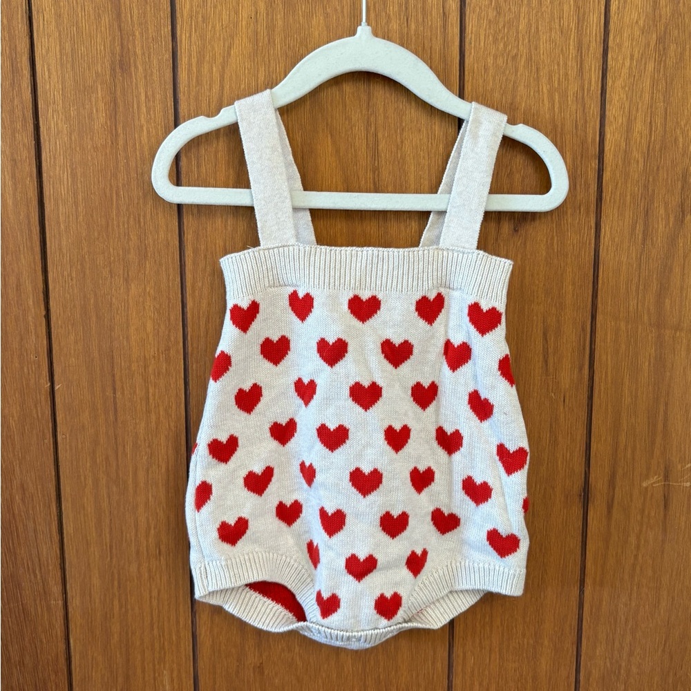 Cat & Jack Cream and Red Heart Patterned Knit Romper